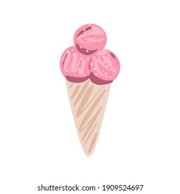 Ice cream in a waffle cone, vector. Stock illustration cartoon. Summer delicacy berry sorbet. Isolated on white background 
