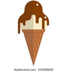 Icono vectorial del cono de crema de helado. Caza de crema de vainilla batida bajo una capa de chocolate derretida aislada sobre fondo blanco. Ilustración de postre de comida de verano