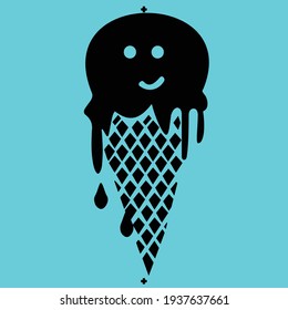 Ice Cream In Waffle Cone Vector Icon - Melting Ice Cone With A Happy Face For Tshirt Printing. For Screen Printing With Register Marks