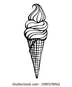 ice cream in a waffle cone. Vector image on transparent background, drawn by a pen