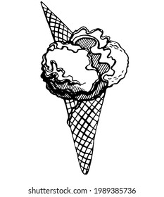 ice cream in a waffle cone. Vector image on transparent background, drawn by a pen