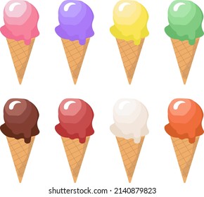 Ice cream in a waffle cone Vector illustration. Melting Ice cream set. Strawberry vanilla lemon orange green tea blueberry chocolate ice cream sweet creamy snack. Party summer fresh frozen food. 