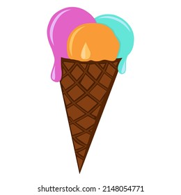 Crema de hielo en la ilustración aislada del vector de cono de waffle. Bolas de helado con diferentes colores y sabores. Sabrosa comida dulce fría para el verano.