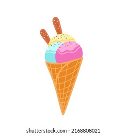 Ice cream in waffle cone. Vector Illustration for printing, backgrounds, covers, packaging, greeting cards, posters, stickers, textile and seasonal design. Isolated on white background.