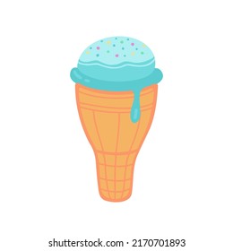 Helado en un cono de gofre. Ilustración vectorial para impresión, fondos, cubiertas, embalaje, tarjetas de felicitación, carteles, pegatinas, textil y de temporada. Aislado sobre fondo blanco.
