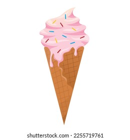 Ice cream in a waffle cone. Vector illustration isolated on a white background, pink ice cream spiral melted, strawberry or raspberry in the flat style for menu design in summer