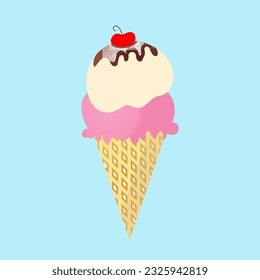 Glace sur cône gaufre Illustration Vectorielle. crème glacée rose et vanille au cône gaufre. Doux délicatesse estivale, crèmes glacées, illustration Dessin pour une affiche, carte postale, t-shirt, web, design.