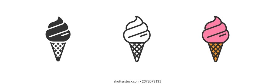 Ice cream in waffle cone vector icon. Hot summer symbol. Pink tasty dessert, Sweet summer delicacy, frozen yogurt. Outline, flat and colored style. Vector illustration.