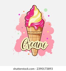 Ice cream in the waffle cone. Vector illustration. Flat design.