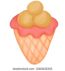 Ice cream in a waffle cone. Watercolor vector illustration.
