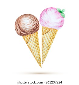 Ice cream in a waffle cone. Watercolor illustration, vector.