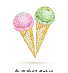 Ice cream in a waffle cone. Watercolor illustration, vector.