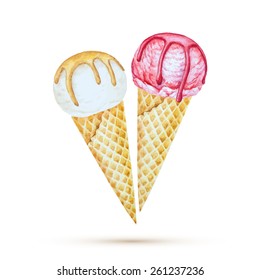 Ice cream in a waffle cone. Watercolor illustration, vector.