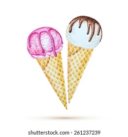 Ice cream in a waffle cone. Watercolor illustration, vector.