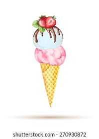 Ice cream in a waffle cone. Watercolor illustration, vector.