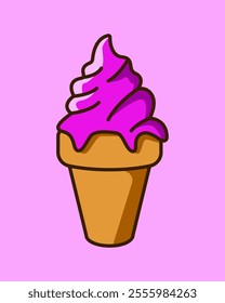 Ice cream waffle cones cartoon. Melting purple ice cream illustration. Grape flavored. Dessert, sweet, confectionery snacks