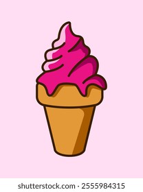 Ice cream waffle cones cartoon. Melting pink ice cream illustration. Strawberry, raspberry, watermelon. Dessert, sweet, confectionery snacks