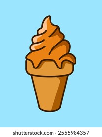 Ice cream waffle cones cartoon. Melting orange color ice cream illustration. Dessert, sweet, confectionery snacks