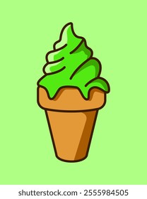 Ice cream waffle cones cartoon. Melting green ice cream illustration. Mathca, pistachio, mint. Dessert, sweet, confectionery snacks