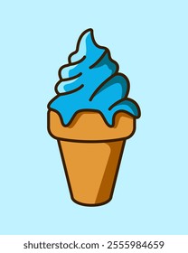 Ice cream waffle cones cartoon. Melting blue ice cream illustration. Vanilla, blueberry. Dessert, sweet, confectionery snacks
