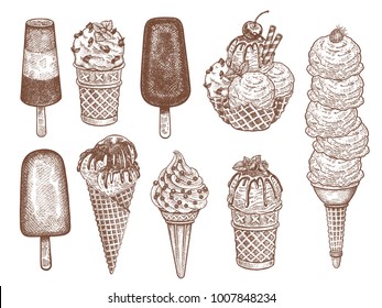 Ice cream in waffle cones with chocolate crumb, berries, cookies and chocolate icing, ice lolly. Set of desserts on white background. Vintage. Vector illustration. Color sketch for menu of cafe, sign.