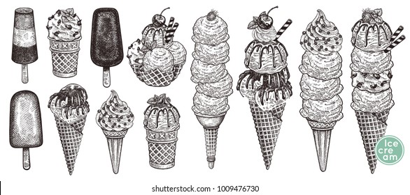 Ice cream in waffle cones with chocolate crumb, berries, cookies and chocolate icing, ice lolly. Big set of desserts on white background. Vintage. Vector illustration. Sketch for menu of cafe, sign.