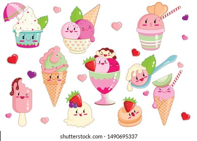Ice Cream in Waffle Cones, Dish, Spoon, Ice Lolly in Kawaii Style with Pink Cheeks and Winking Eyes Flat Cartoon Vector Illustration. Taste with Strawberry, Kiwi, Grapes. Smiling Characters.