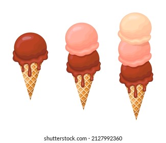 Helado en conos de gofre.  vector de estilo plano
