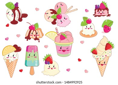 Ice Cream in Waffle Cones and Fruits, Ice Lolly in Kawaii Style with Pink Cheeks and Winking Eyes in Pastel Colors Flat Cartoon Vector Illustration. Taste with Strawberry, Cherry, Orange.