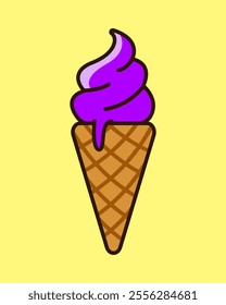 Ice cream waffle cones. Grape flavored melting purple ice cream illustration