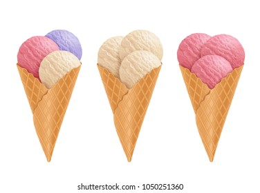 Ice cream in waffle cones isolated icon. Realistic 3d vector illustration
