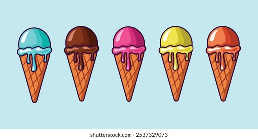 Ice cream in waffle cones. Melted Ice cream cartoon. Vanilla, chocolate, strawberry, orange, mint, pistachio, mango. Summer food vector illustration