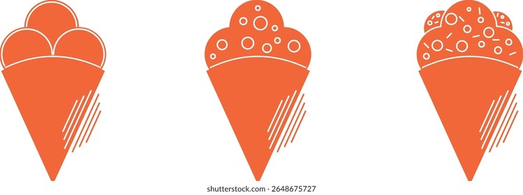 Ice cream in waffle cones with milk cream, candy balls, powdered sugar and chocolate crumbs. Sweet and cold ice cream, simple vector icons. Sweet food