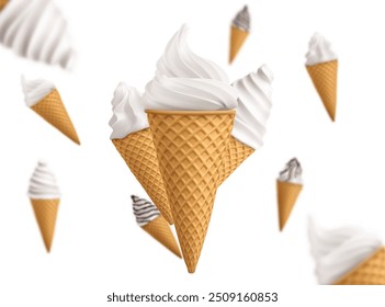 Ice cream in waffle cones pattern on white background. Vector realistic illustration of sweet cold creamy desserts swirls with chocolate topping, gelato cafe menu, confectionery shop banner design