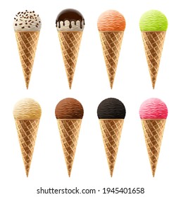 Ice cream in waffle cones realistic 3d vector icons. Sweet creamy dessert of various flavors with sprinkles and toppings. Chocolate, fruit or yogurt icecream balls isolated on white background set