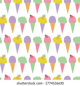 Ice cream waffle cones seamless pattern with strawberries and pineapples. 