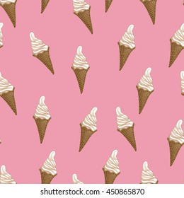 Ice cream waffle cones seamless pattern. Stylized vector illustration. Colorful melting ice-cream. Sweet dessert on pink background. Vector illustration.