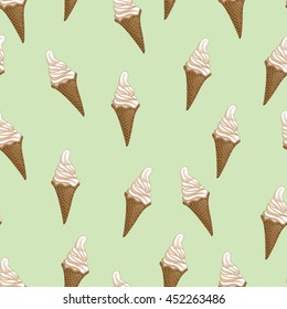 Ice cream waffle cones seamless pattern. Stylized vector illustration. Colorful melting ice-cream. Sweet dessert on mint green background. Vector illustration.