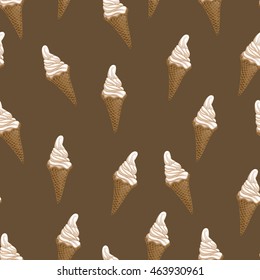 Ice cream waffle cones seamless pattern. Stylized vector illustration. Sweet dessert on dark brown background. 