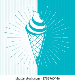 Ice Cream Waffle Cones Set over Sunburst Rays Yin Yang Style Composition - Turquoise and White Signs on Opposite Striped Background - Vector Hand Drawn Design