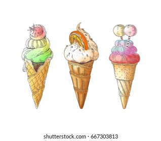 Ice cream in waffle cones. Summer sweets. Vector sketch set. Drawn by hand.