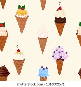 Ice cream with waffle cones vector seamless pattern