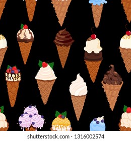 Ice cream with waffle cones vector seamless pattern on black background