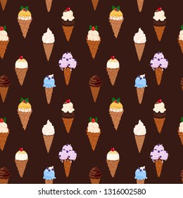 Ice cream with waffle cones vector seamless pattern on brown background