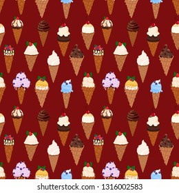 Ice cream with waffle cones vector seamless pattern on red background