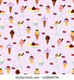 Ice cream with waffle cones vector seamless pattern on beige background