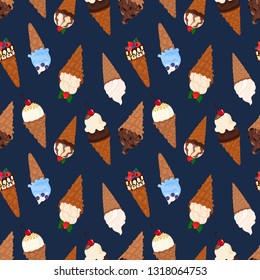 Ice cream with waffle cones vector seamless pattern on blue background