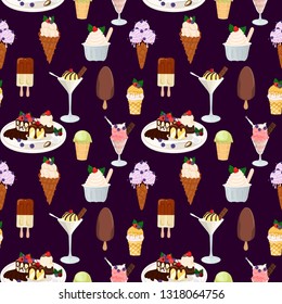 Ice cream with waffle cones vector seamless pattern on purple background