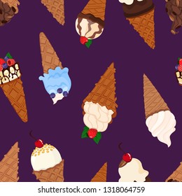 Ice cream with waffle cones vector seamless pattern on purple background
