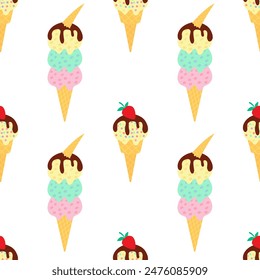 Ice cream in waffle cones vector seamless pattern. Flat Ice cream with chocolate glazing in cone pattern